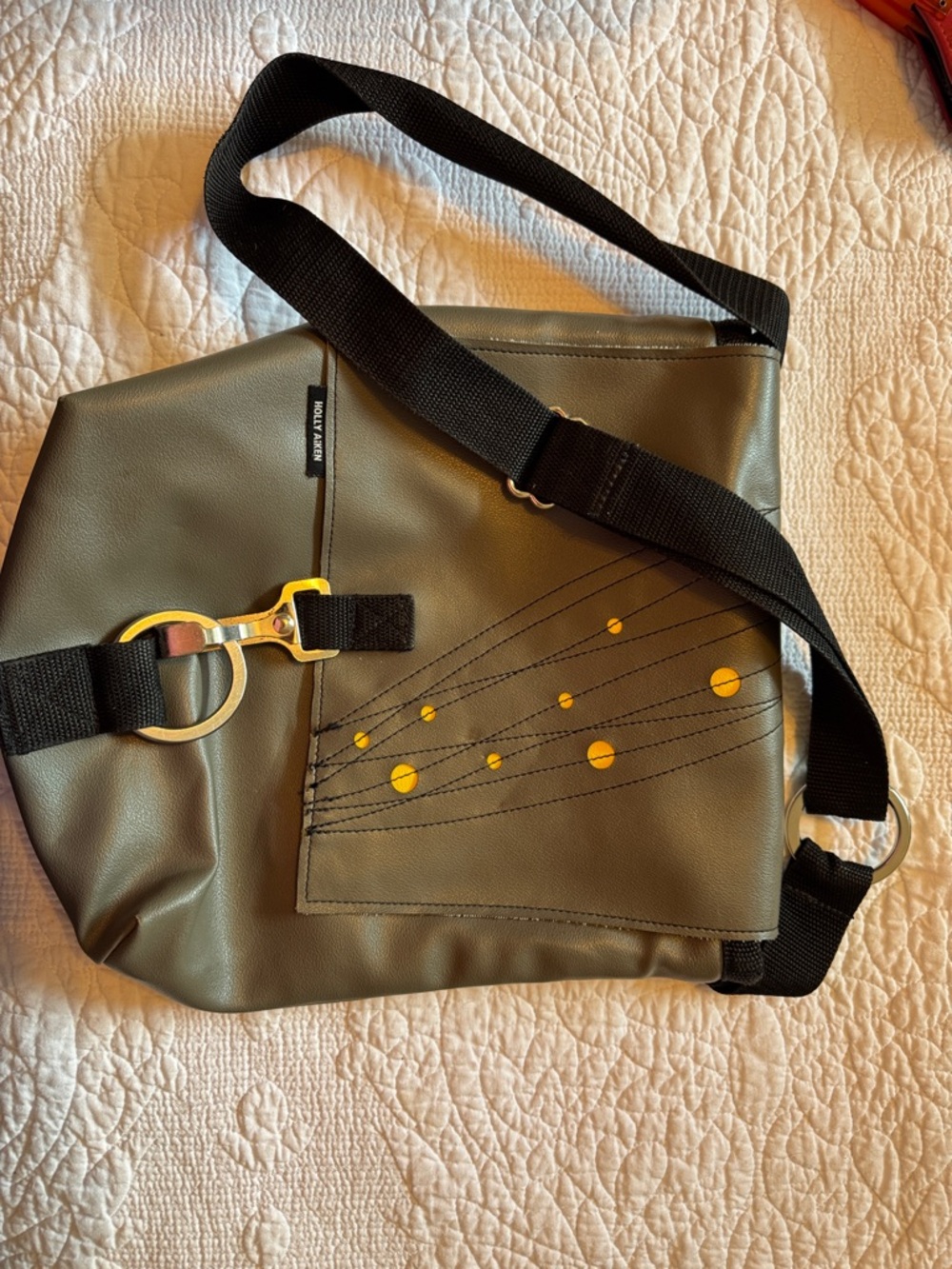 Holly Aiken vegan gray crossbody bag with yellow accents